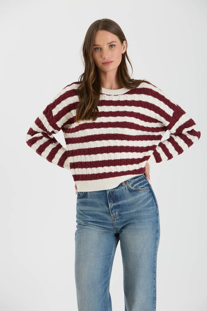 Women's Sweaters - STRIPE CREWNECK CABLE KNIT KNIT SWEATER -  - Cultured Cloths Apparel