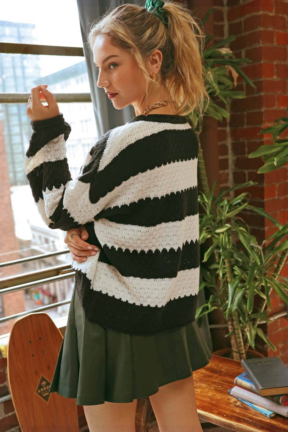 Women's Sweaters - STRIPED CREW KNIT SWEATER - BLACK - Cultured Cloths Apparel