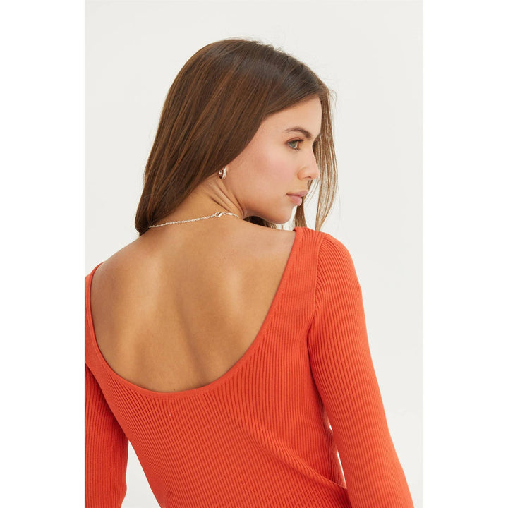 Women's Long Sleeve - OPEN-BACK RIBBED KNIT TOP - ORANGE RED - Cultured Cloths Apparel