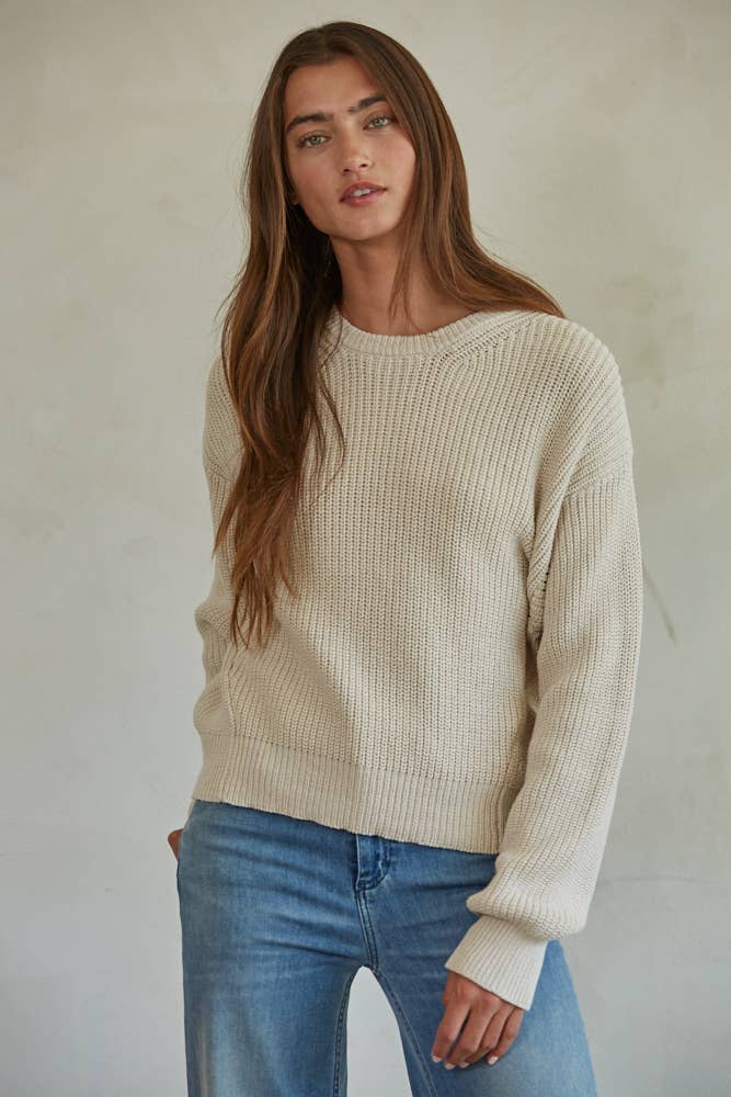 Women's Sweaters - Knit Cotton Sweater Ribbed Long Sleeve Pullover Top - Natural - Cultured Cloths Apparel