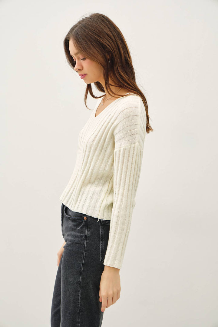 Women's Sweaters - RAISED RIB V-NECK SWEATER - - Cultured Cloths Apparel