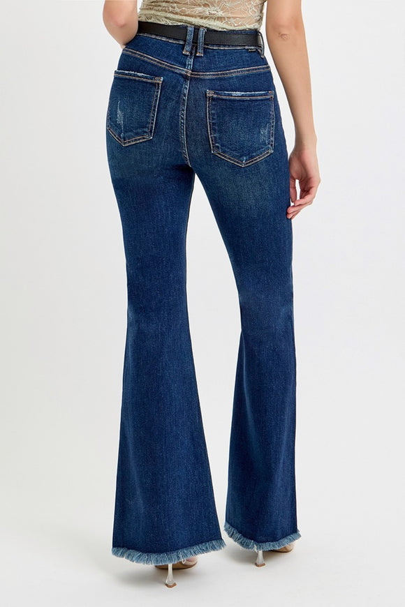 Denim - RISEN Tummy Control Frayed Hem Flare Jeans -  - Cultured Cloths Apparel