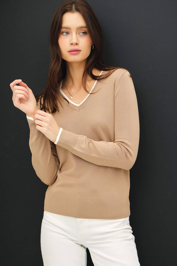 Women's Sweaters - VARSITY STYLE V-NECK SWEATER - Camel - Cultured Cloths Apparel