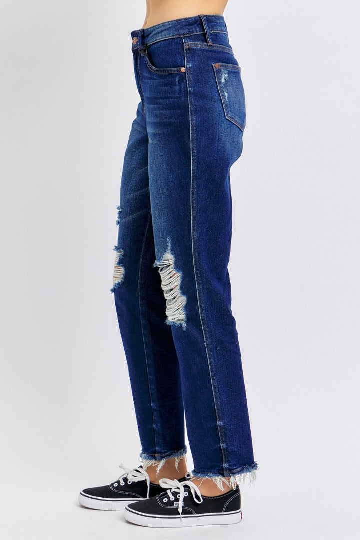 Denim - Judy Blue Full Size High Waist Rigid Magic Heavy Destroy Straight Jeans -  - Cultured Cloths Apparel