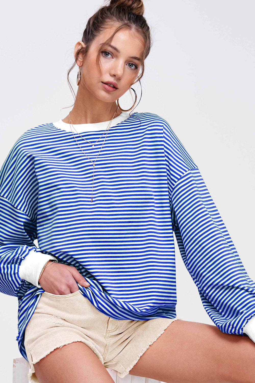 Women's Long Sleeve - Oversized Striped Long Sleeve Pullover Top - Royal Blue - Cultured Cloths Apparel