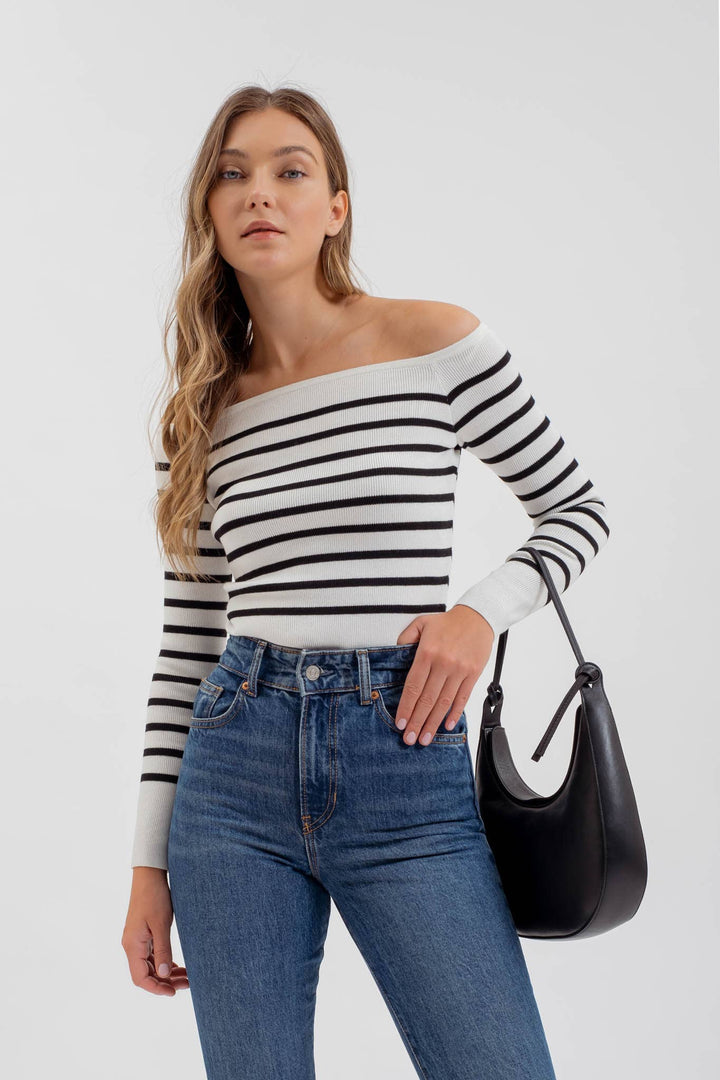 Women's Long Sleeve - STRIPE OFF THE SHOULDER LONG SLEEVE KNIT SWEATER -  - Cultured Cloths Apparel