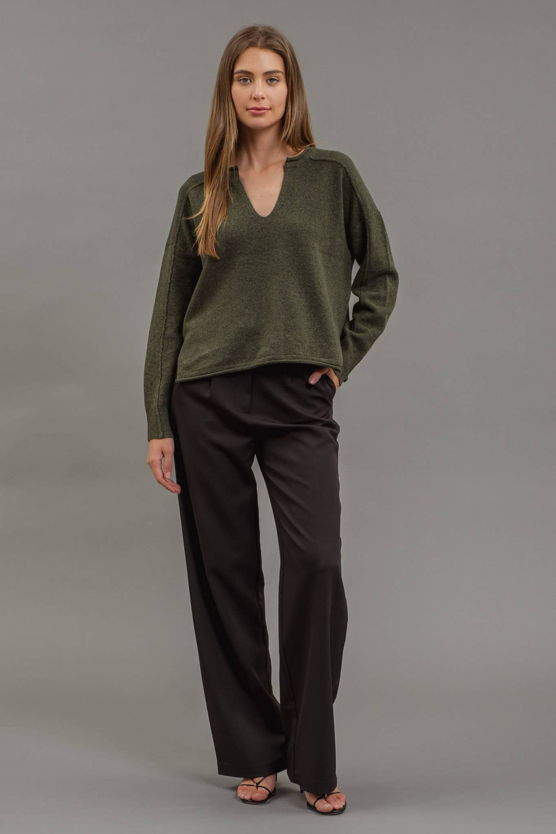 Women's Long Sleeve - EXPOSED SEAM SPLIT NECK KNIT SWEATER - OLIVE - Cultured Cloths Apparel