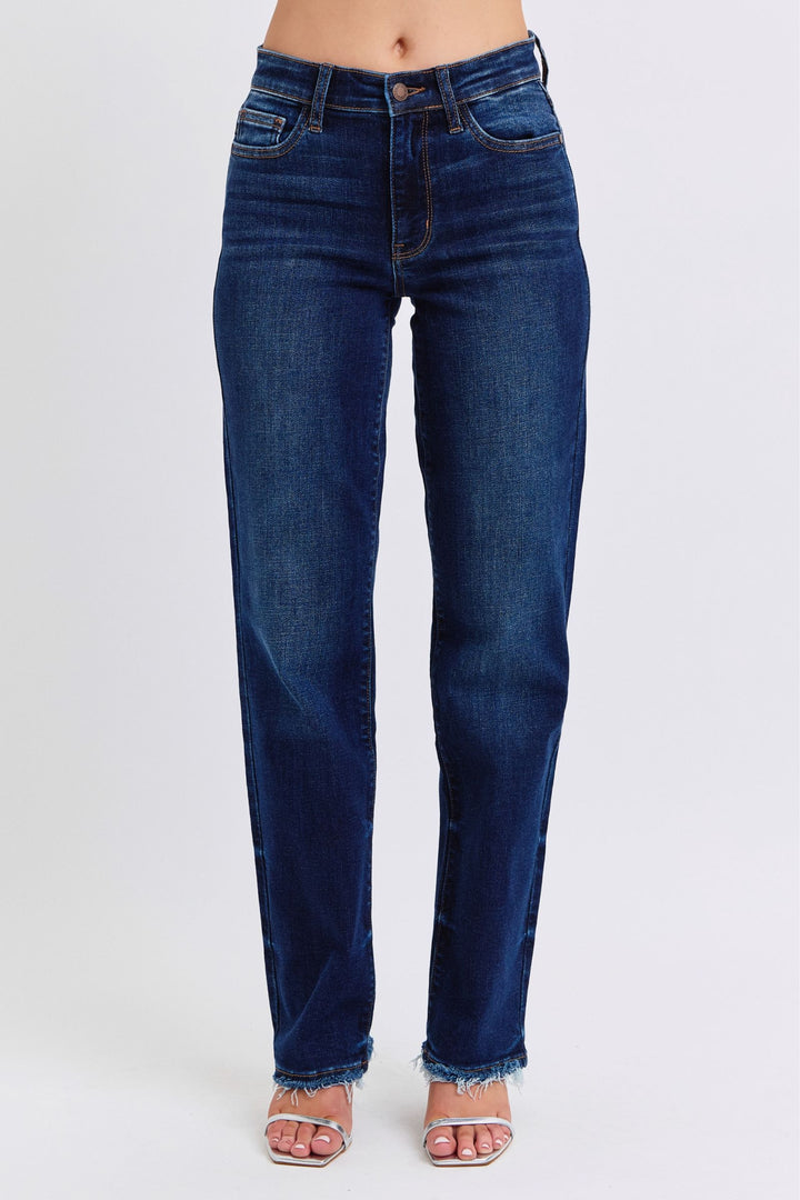 Denim - Judy Blue Full Size Raw Hem Straight Leg Jeans - Dark - Cultured Cloths Apparel