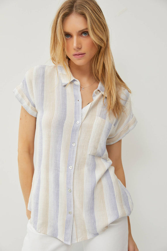 Women's Short Sleeve - STRIPED SHORT DOLMAN SLEEVE BUTTON DOWN SHIRT -  - Cultured Cloths Apparel