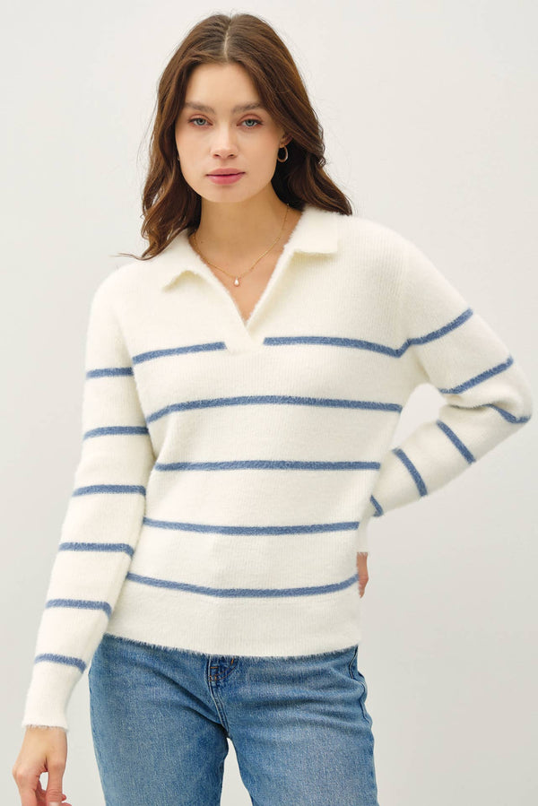 Women's Sweaters - COLLARED FUZZY STRIPED V NECK SWEATER -  - Cultured Cloths Apparel