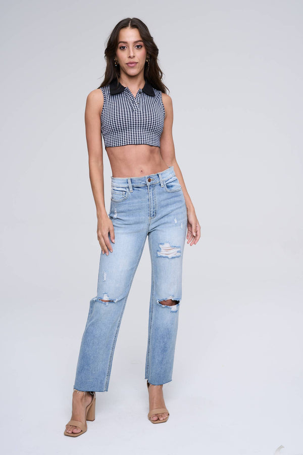 Denim - HIGH RISE STRAIGHT JEANS WITH STRETCH AND RIPS -  - Cultured Cloths Apparel