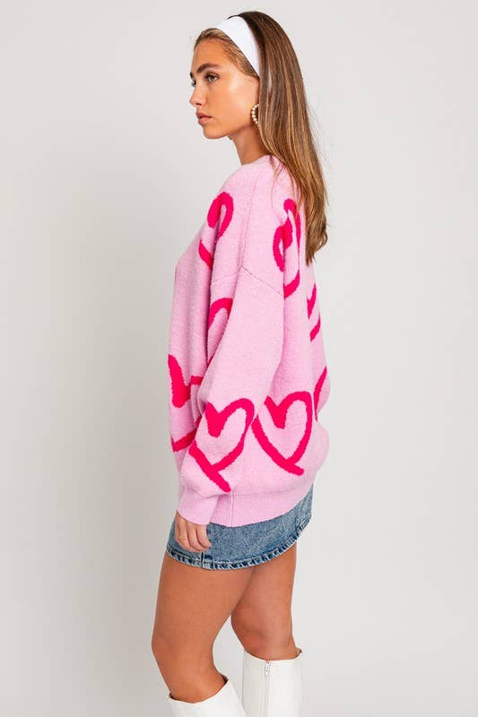 Women's Sweaters - Long Sleeve Round Neck Heart Printed Sweater -  - Cultured Cloths Apparel