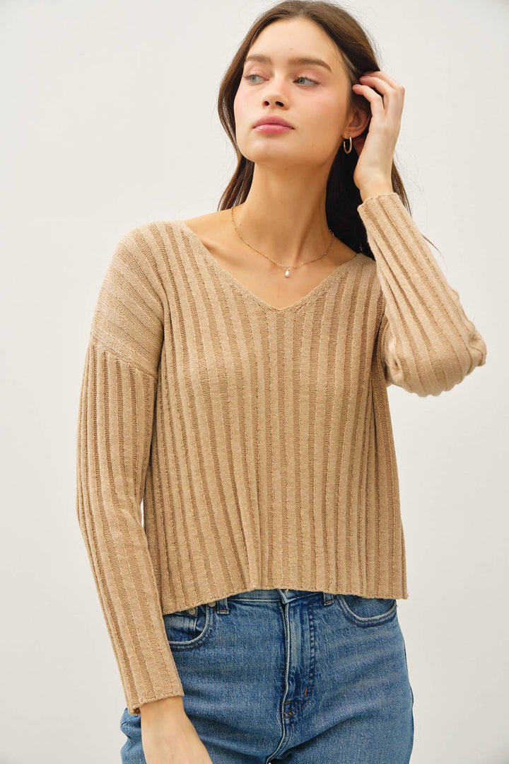 Women's Sweaters - RAISED RIB V-NECK SWEATER - - Cultured Cloths Apparel