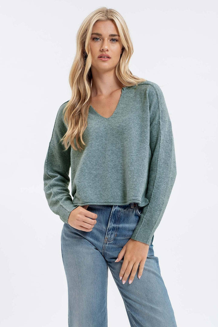 Women's Long Sleeve - EXPOSED SEAM SPLIT NECK KNIT SWEATER -  - Cultured Cloths Apparel