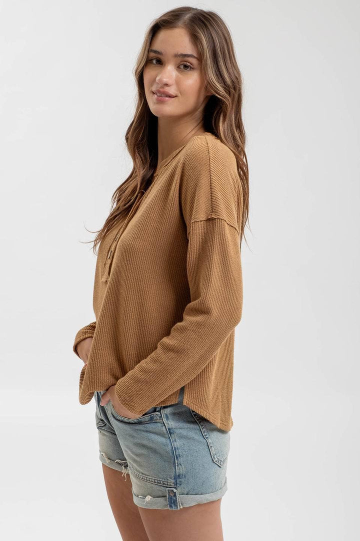 Women's Long Sleeve - HALF BUTTON V NECK LONG SLEEVE KNIT TOP -  - Cultured Cloths Apparel