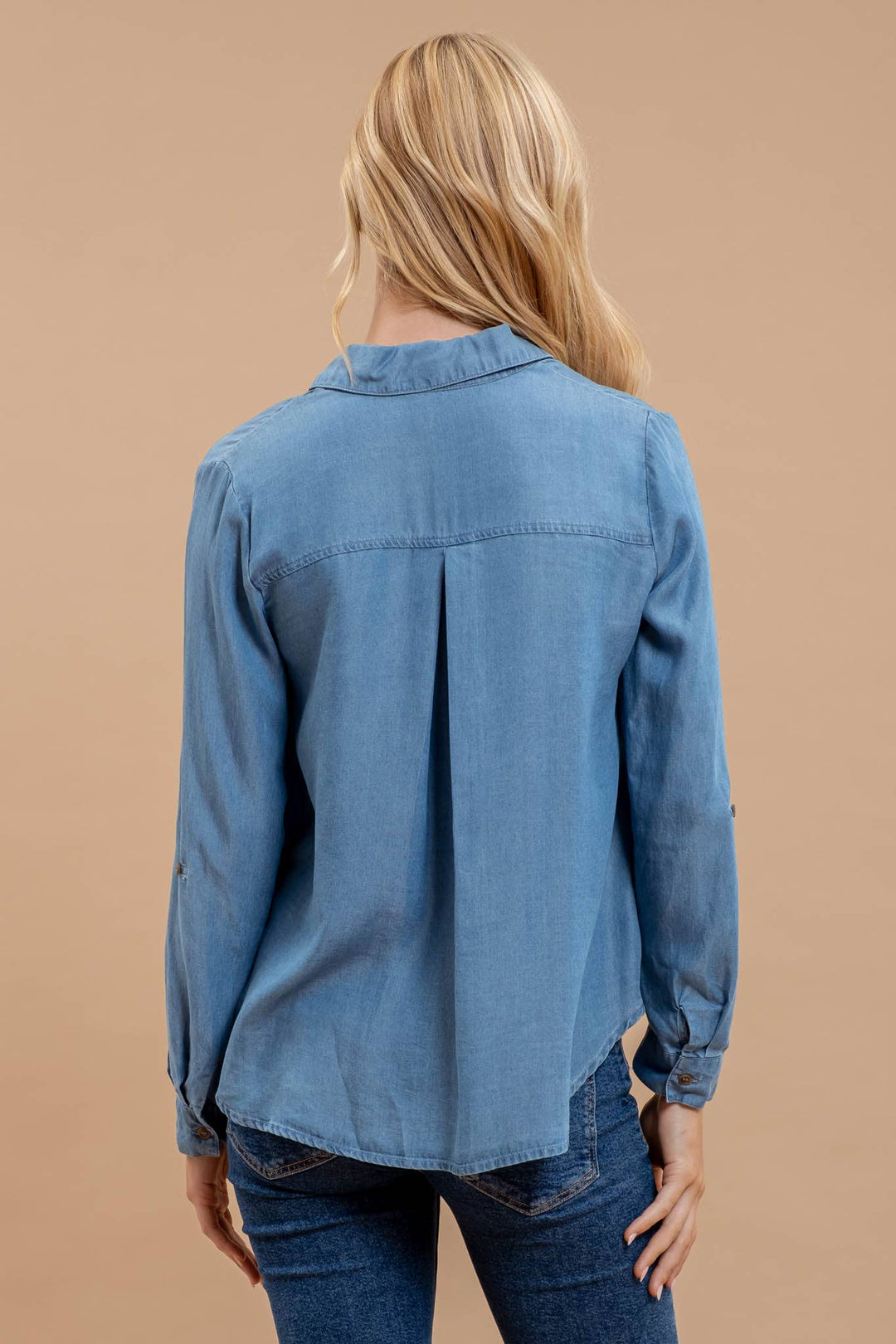 Women's Long Sleeve - TAB SLEEVE COLLARED BUTTON DOWN CHAMBRAY TOP -  - Cultured Cloths Apparel