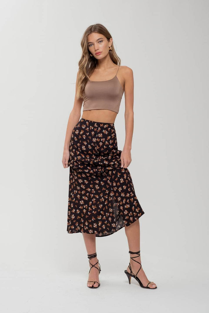 Women's Skirts - FLORAL BUTTON FRONT SPLIT HEM MIDI SKIRT -  - Cultured Cloths Apparel