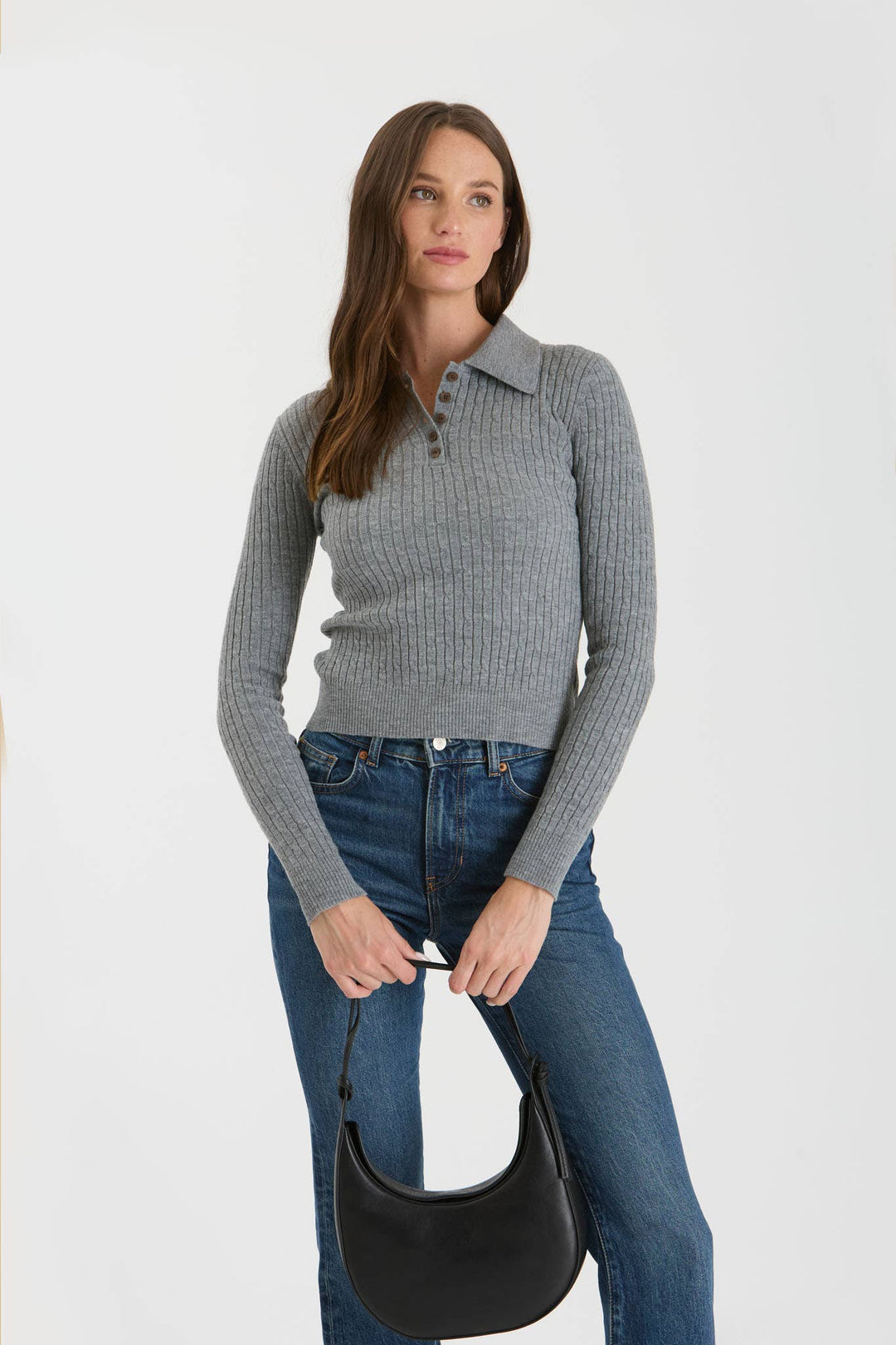 Women's Long Sleeve - COLLARED POLO LONG SLEEVE KNIT TOP - HEATHER GREY - Cultured Cloths Apparel