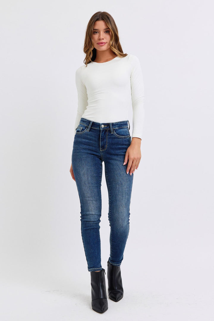 Denim - Judy Blue Full Size Mid-Rise Waist Skinny Jeans with Pockets - - Cultured Cloths Apparel