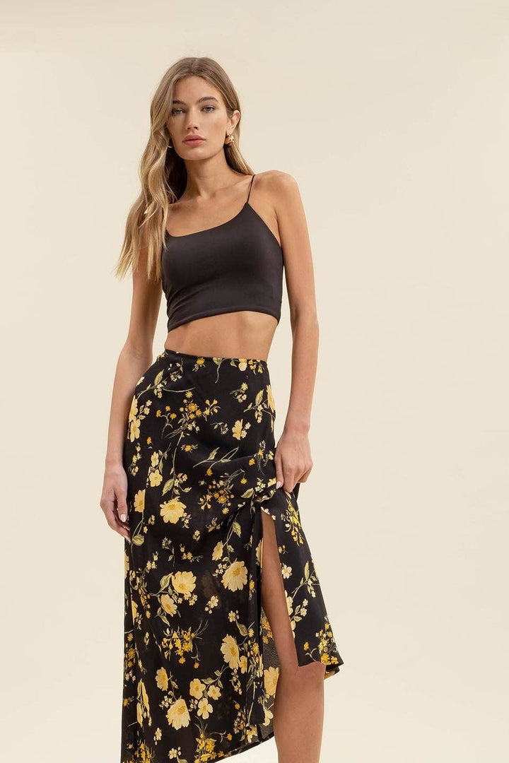 Women's Skirts - FLORAL HIGH WAIST SIDE SLIT BIAS MIDI SKIRT -  - Cultured Cloths Apparel