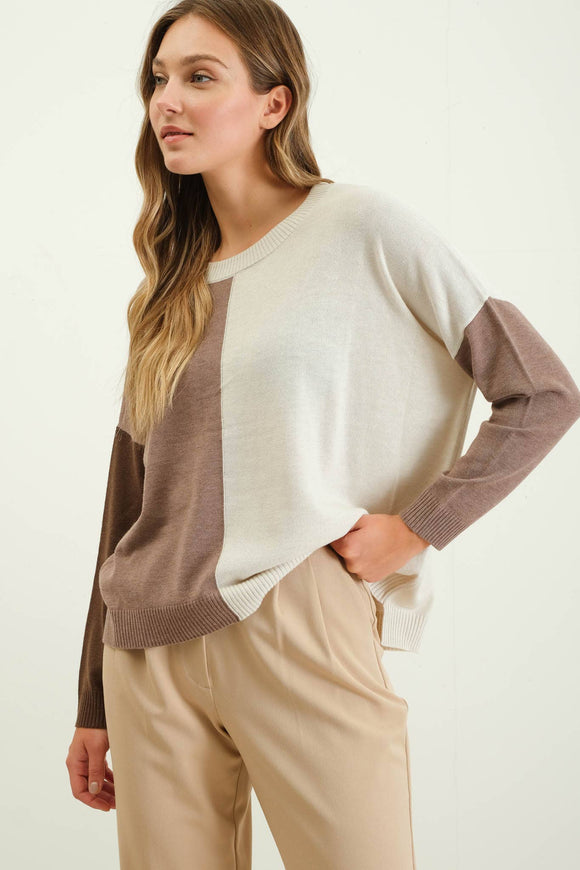 Women's Sweaters - RELAXED COLORBLOCK SWEATER - MOCHA MULTI - Cultured Cloths Apparel