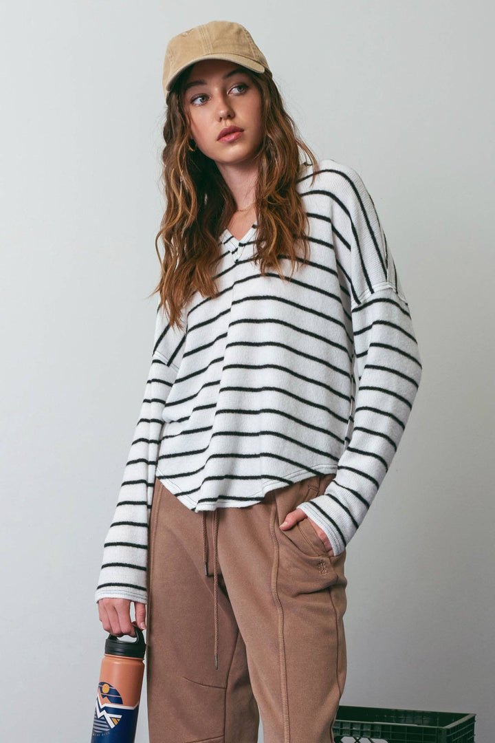 Women's Sweaters - STRIPE EXPOSED SEAM SPLIT NECK KNIT TOP: BROWN -  - Cultured Cloths Apparel