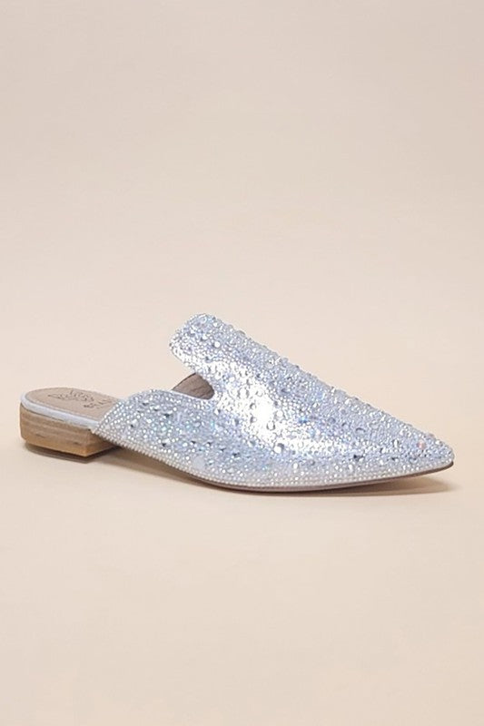  - GEM-39 - POINTED TOE SLIP ON MULE FLATS - SILVER RHINESTONE - Cultured Cloths Apparel