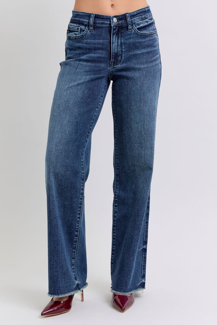 Denim - Judy Blue Full Size Raw Hem Mid Rise Jeans - Dark - Cultured Cloths Apparel