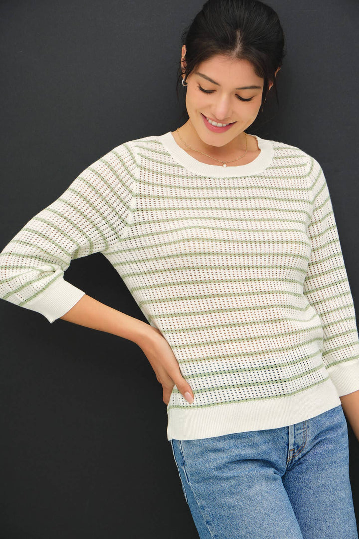 Women's 3/4 Sleeve - STRIPED 3/4 SLEEVE SWEATER - Sage - Cultured Cloths Apparel