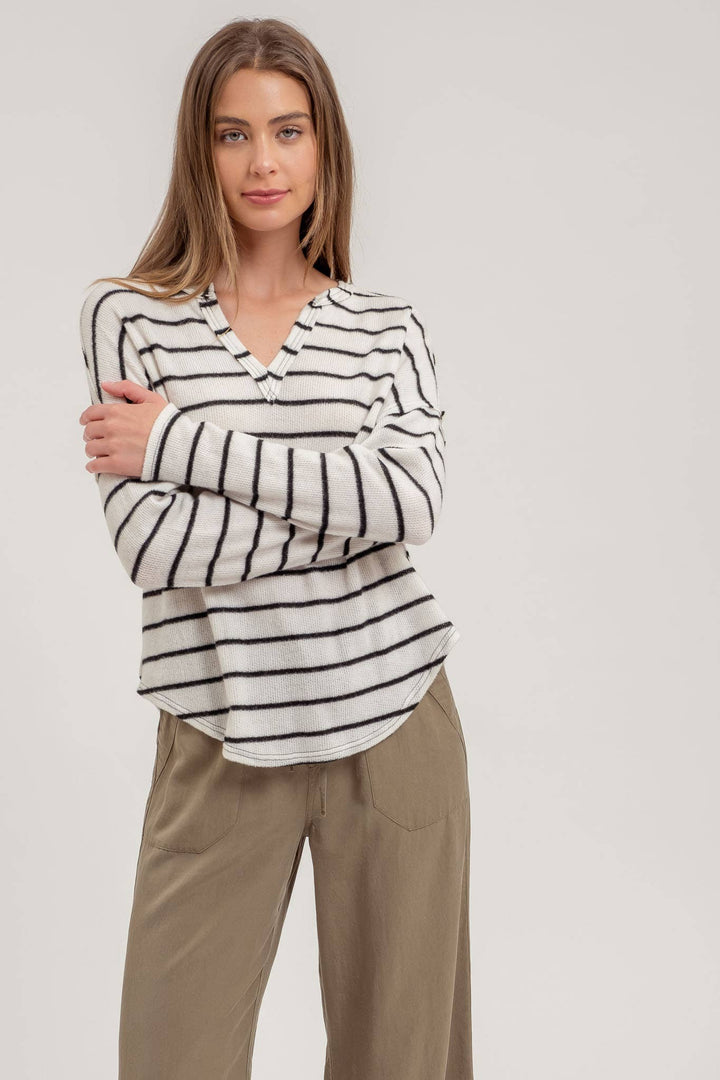 Women's Sweaters - STRIPE EXPOSED SEAM SPLIT NECK KNIT TOP: BROWN -  - Cultured Cloths Apparel