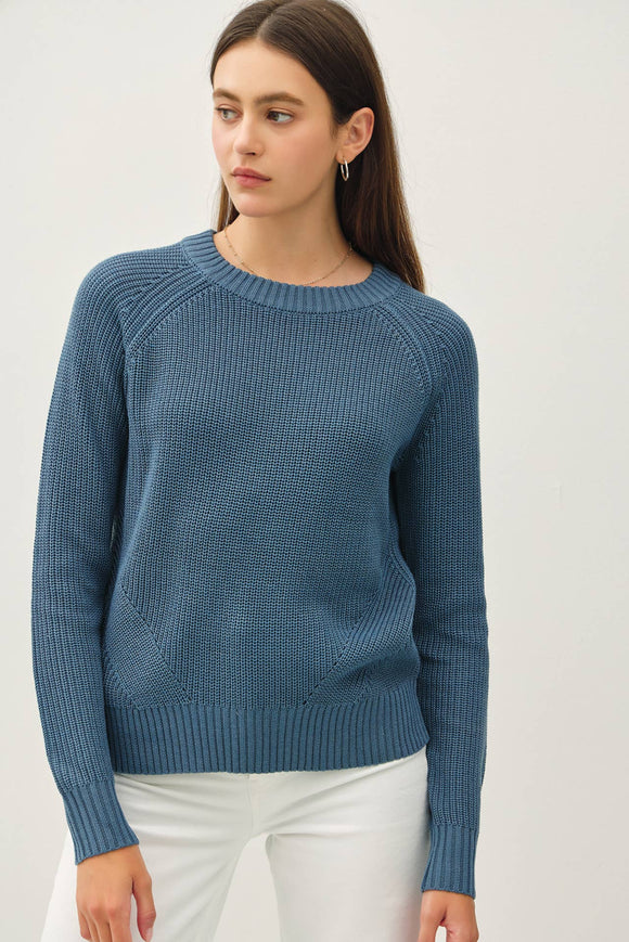 Women's Sweaters - CREW NECK PULLOVER SWEATER W CROCHET DETAILING - Teal Blue - Cultured Cloths Apparel