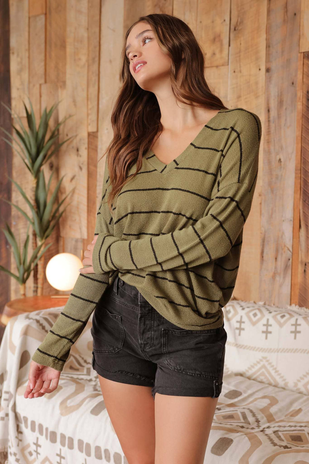 Women's Long Sleeve - STRIPE V NECK DROP SHOULDER LONG SLEEVE KNIT TOP - - Cultured Cloths Apparel