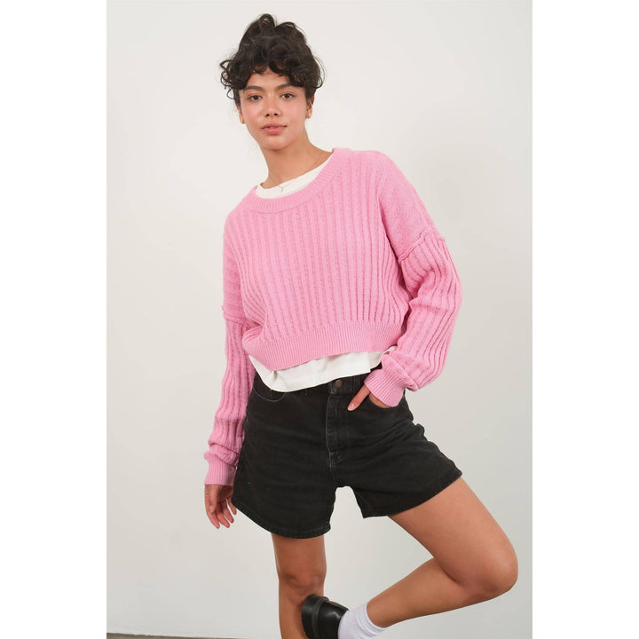 Women's Sweaters - CROPPED RIBBED LONG SLEEVE KNIT SWEATER - ROSE PINK - Cultured Cloths Apparel