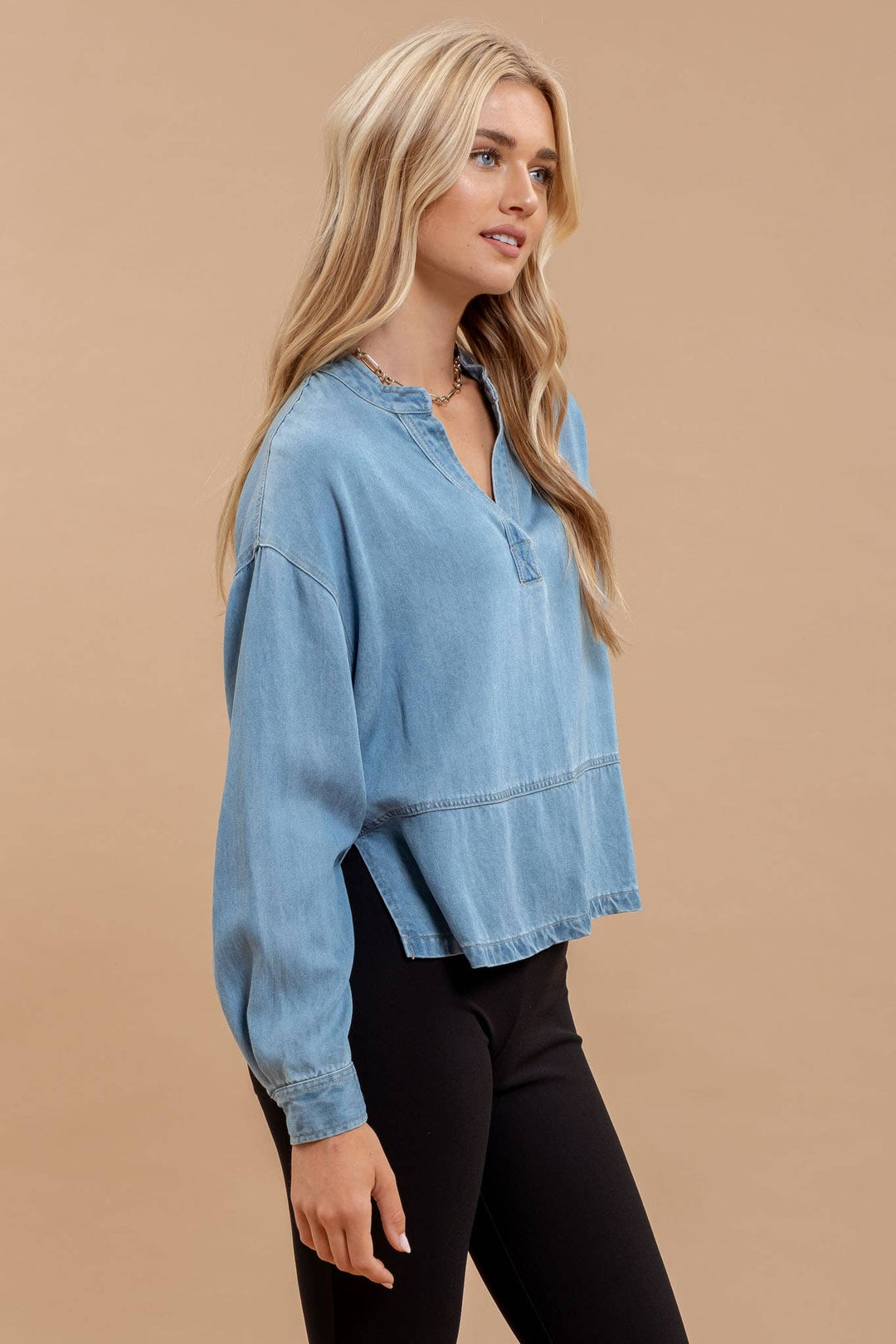 Women's Long Sleeve - DENIM SPLIT NECK LONG SLEEVE SIDE SLIT TOP -  - Cultured Cloths Apparel