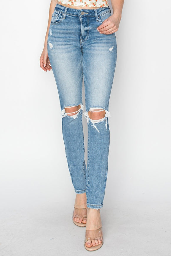 Denim - Risen Full Size High Rise Knee Distressed Skinny Jeans - Light - Cultured Cloths Apparel