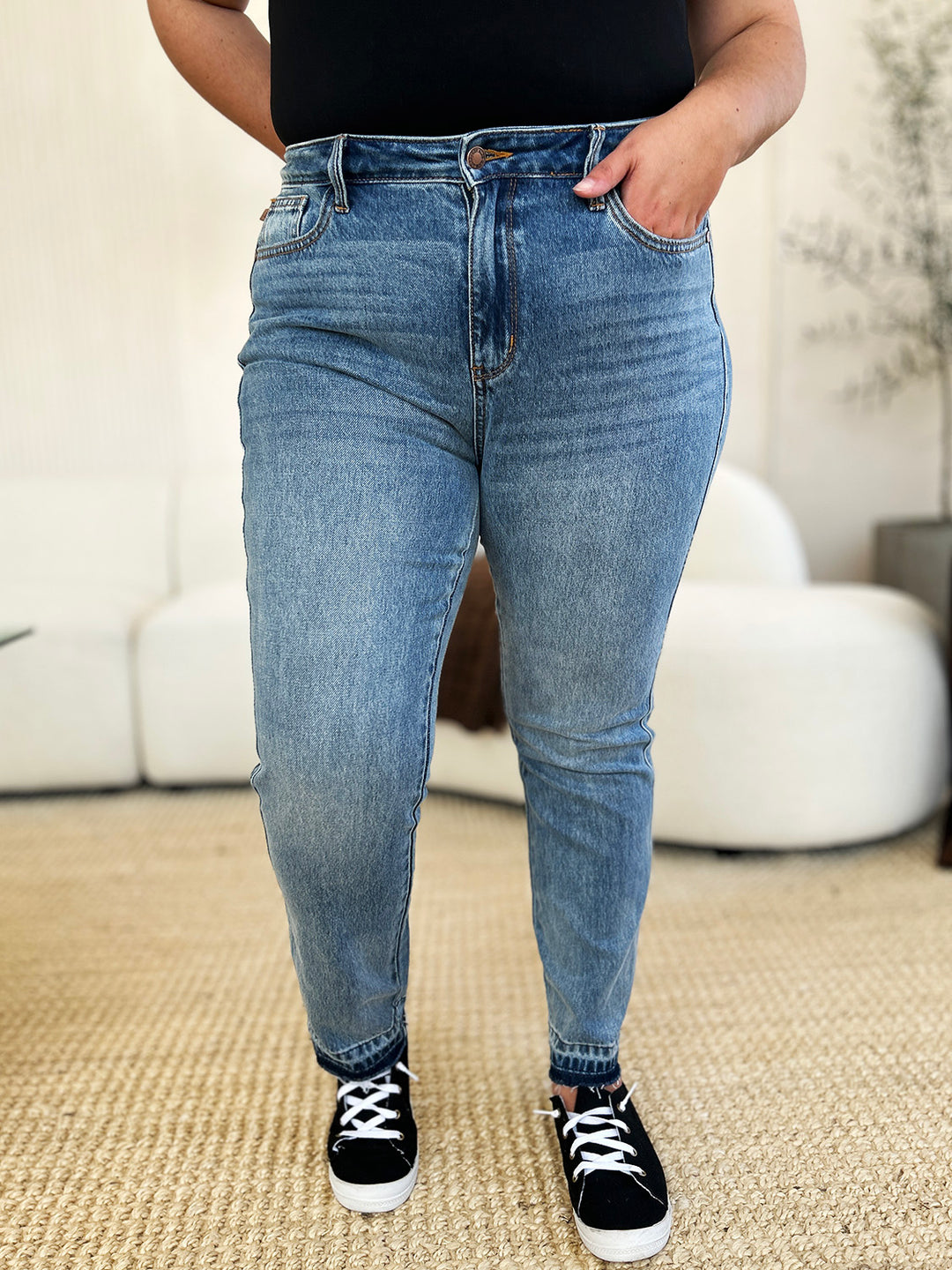 Denim - Judy Blue Full Size Mid Rise Rigid Magic Release Hem Jeans - - Cultured Cloths Apparel