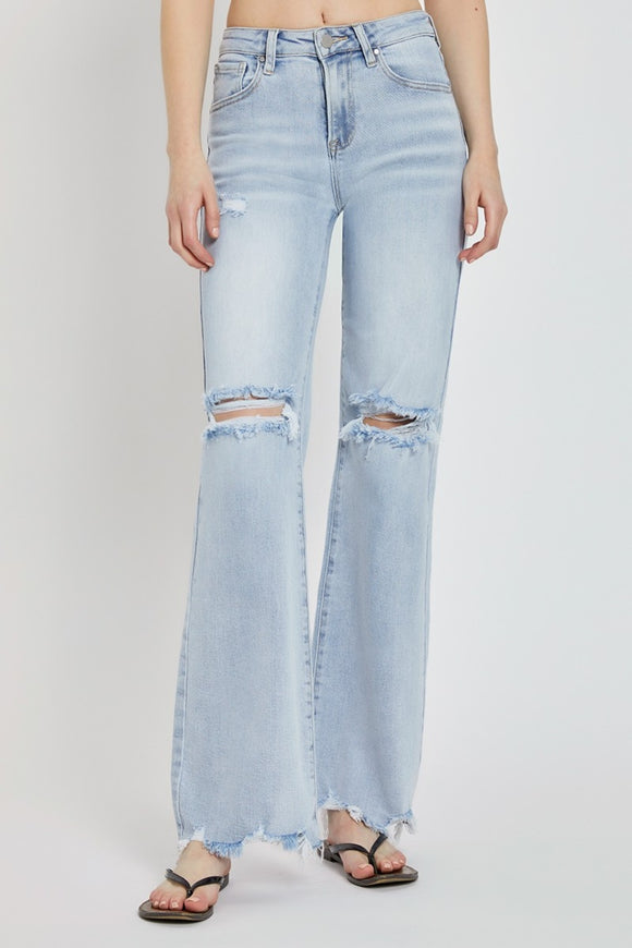 Denim - RISEN Full Size High Rise Distressed Wide Leg Jeans - Light - Cultured Cloths Apparel