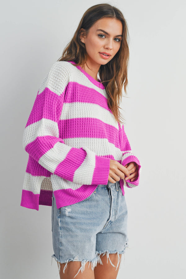 Women's Sweaters - STRIPED ROUND NECK LONG SLEEVE SWEATER -  - Cultured Cloths Apparel