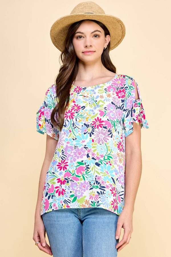 Women's Short Sleeve - Floral Printed Top with Tied Sleeve Detail -  - Cultured Cloths Apparel