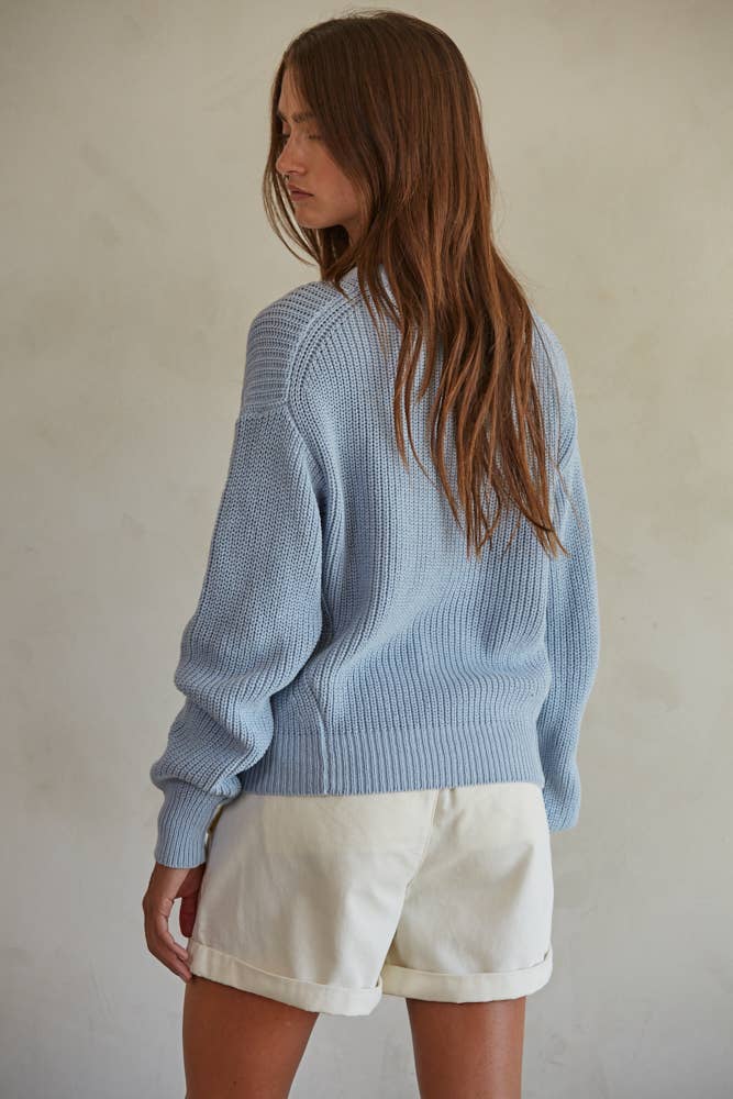 Women's Sweaters - Knit Cotton Sweater Ribbed Long Sleeve Pullover Top - Light Blue - Cultured Cloths Apparel