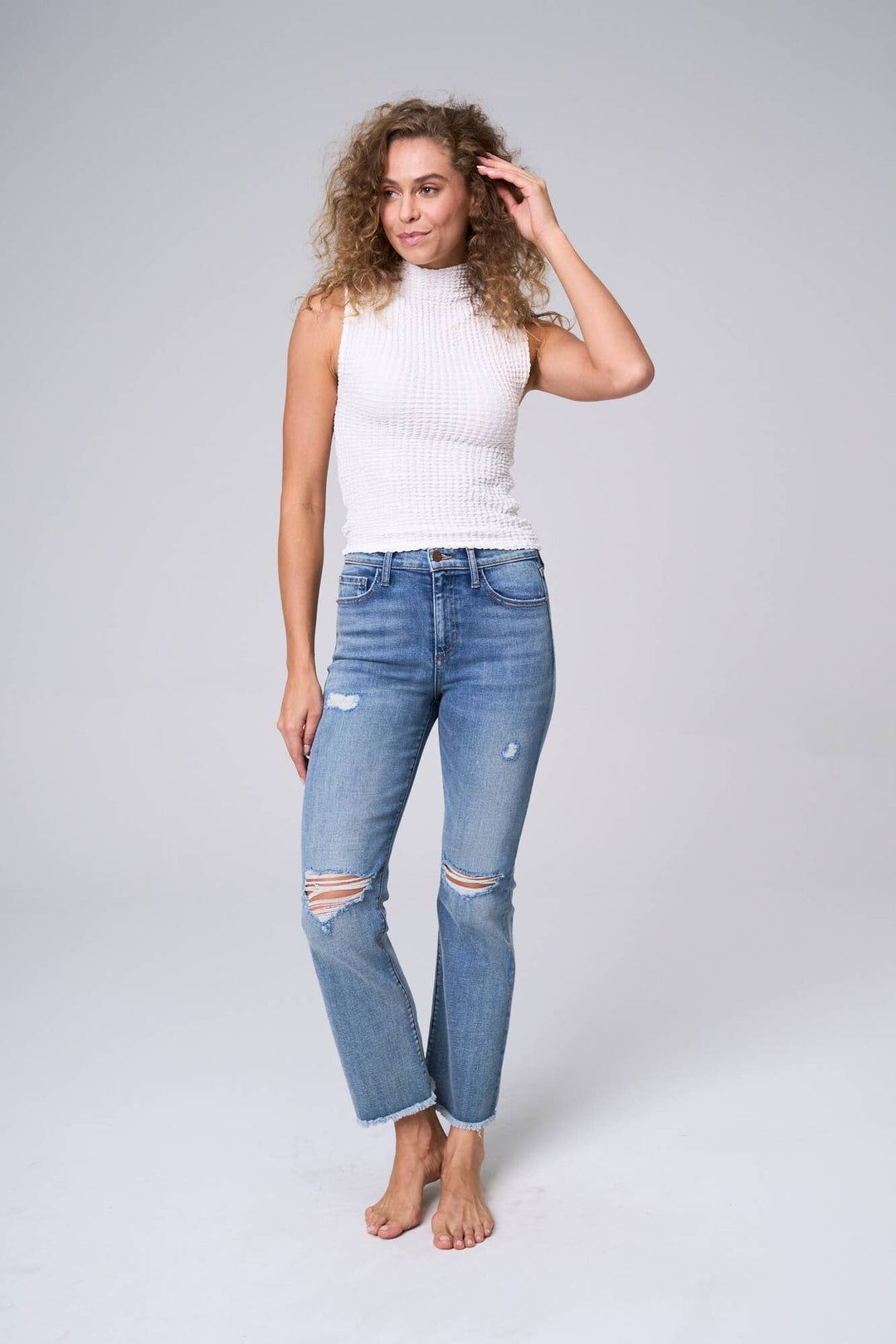 Denim - HIGH RISE STRAIGHT LEG ANKLE JEANS WITH FRAY HEM -  - Cultured Cloths Apparel