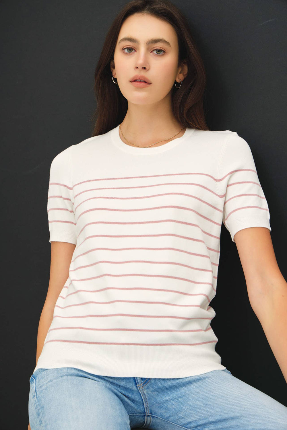 Women's Short Sleeve - STRIPED SWEATER TOP - Pink - Cultured Cloths Apparel