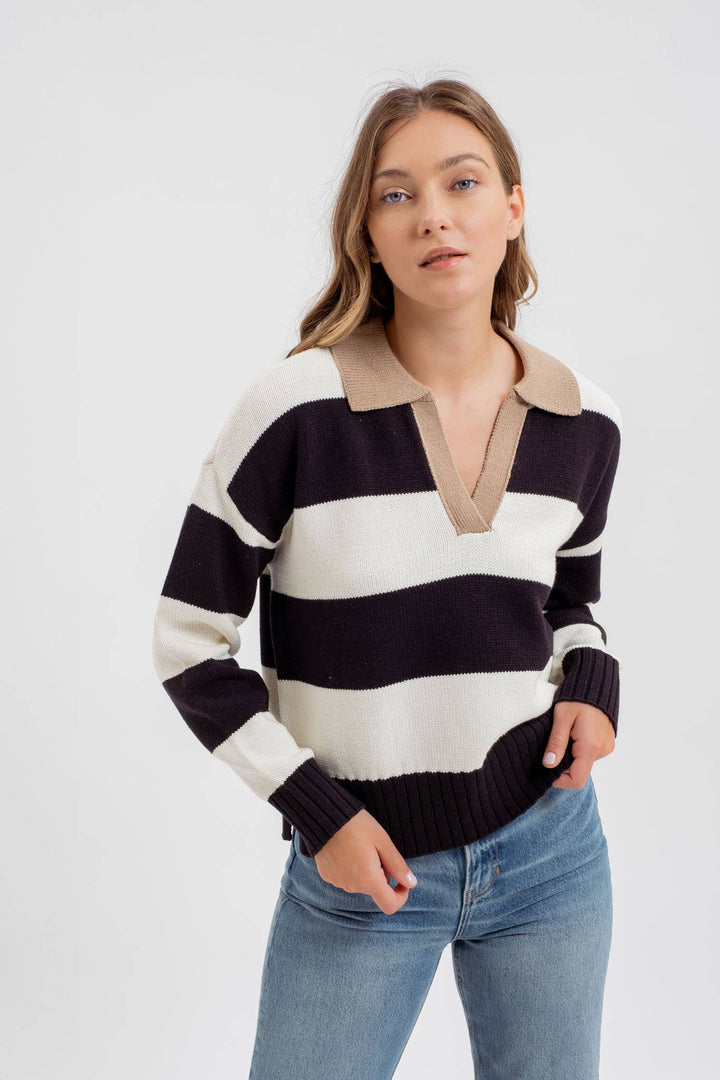 Women's Long Sleeve - STRIPE CONTRAST COLLAR LONG SLEEVE KNIT SWEATER -  - Cultured Cloths Apparel