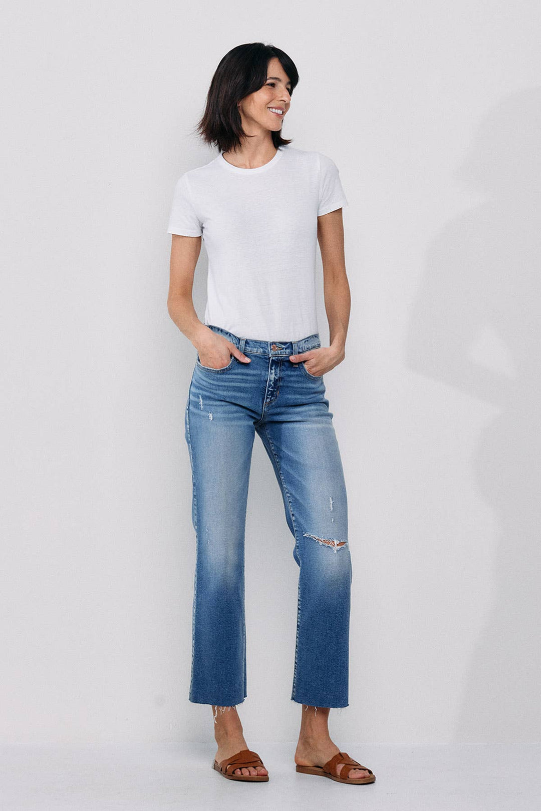 Denim - SNEAKPEEK MID RISE STRAIGHT JEANS WITH KNEE RIPS -  - Cultured Cloths Apparel