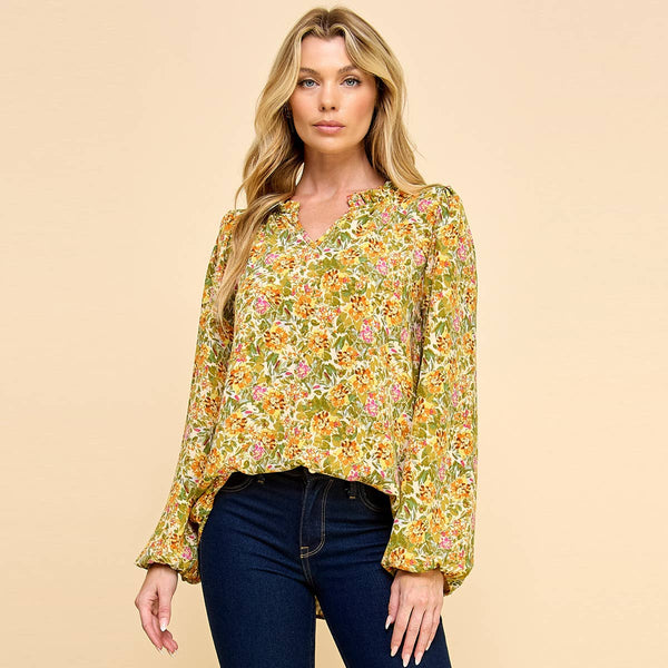 Women's Long Sleeve - Floral Printed Top with V Neck Detail - Cream - Cultured Cloths Apparel