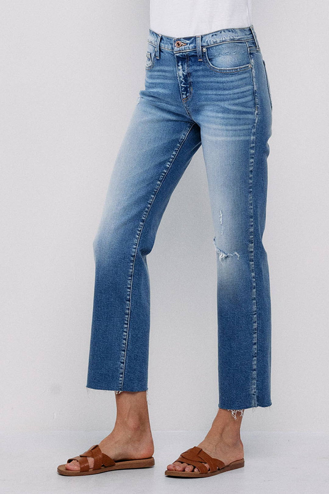 Denim - SNEAKPEEK MID RISE STRAIGHT JEANS WITH KNEE RIPS -  - Cultured Cloths Apparel