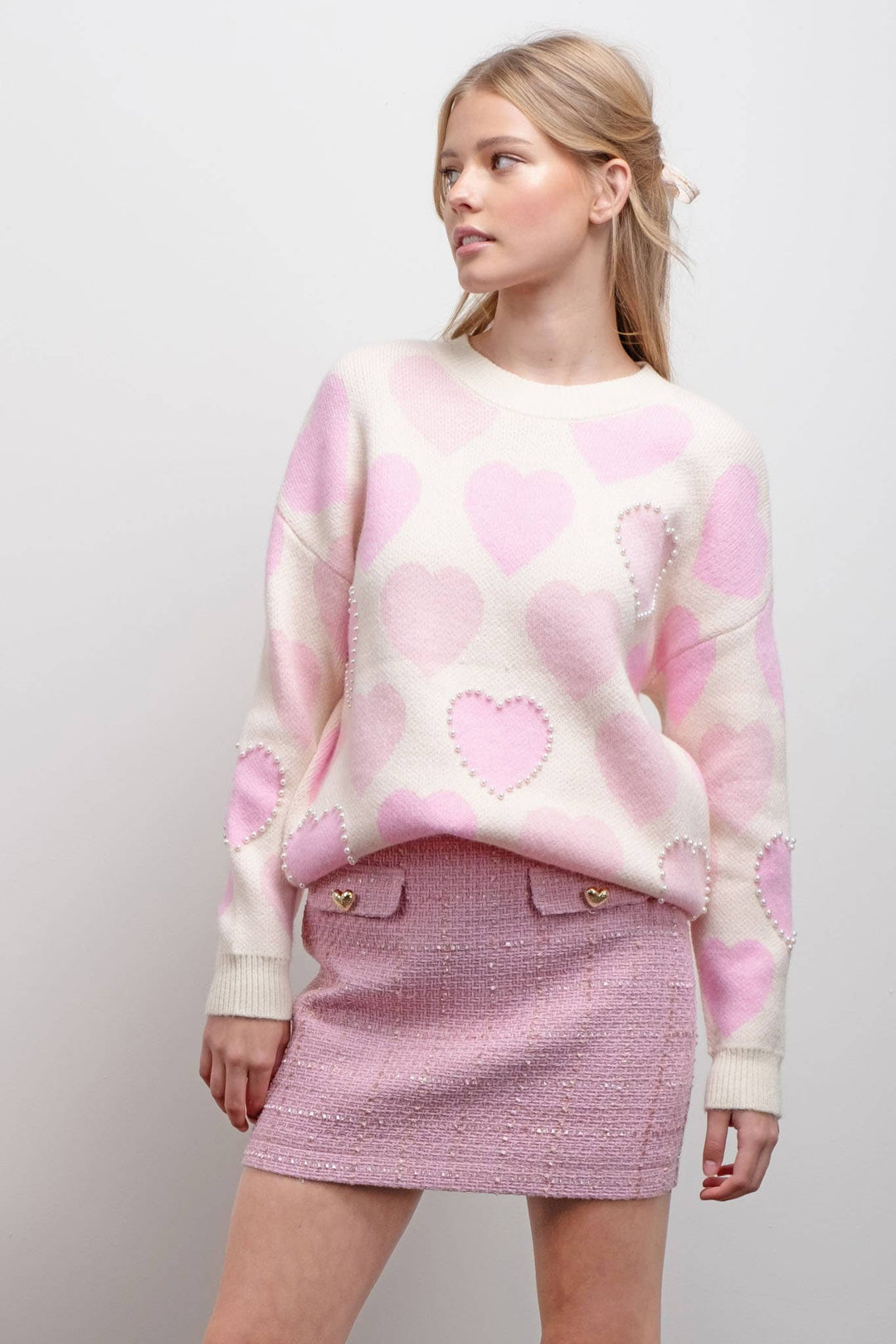 Women's Sweaters - HEART PATTERN PEARL DETAIL KNIT SWEATER - - Cultured Cloths Apparel