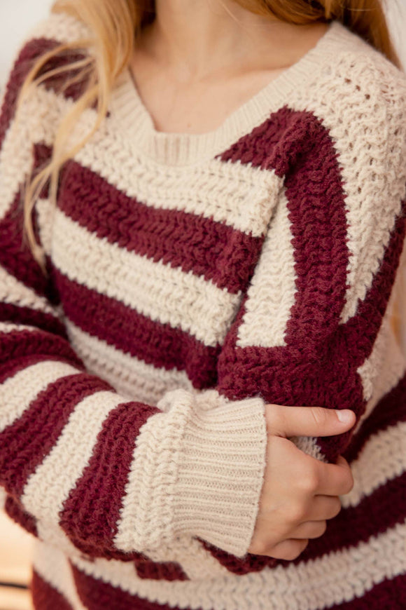 Women's Sweaters - RELAXED STRIPE LONG SLEEVE PULLOVER KNIT SWEATER - OXBLOOD - Cultured Cloths Apparel