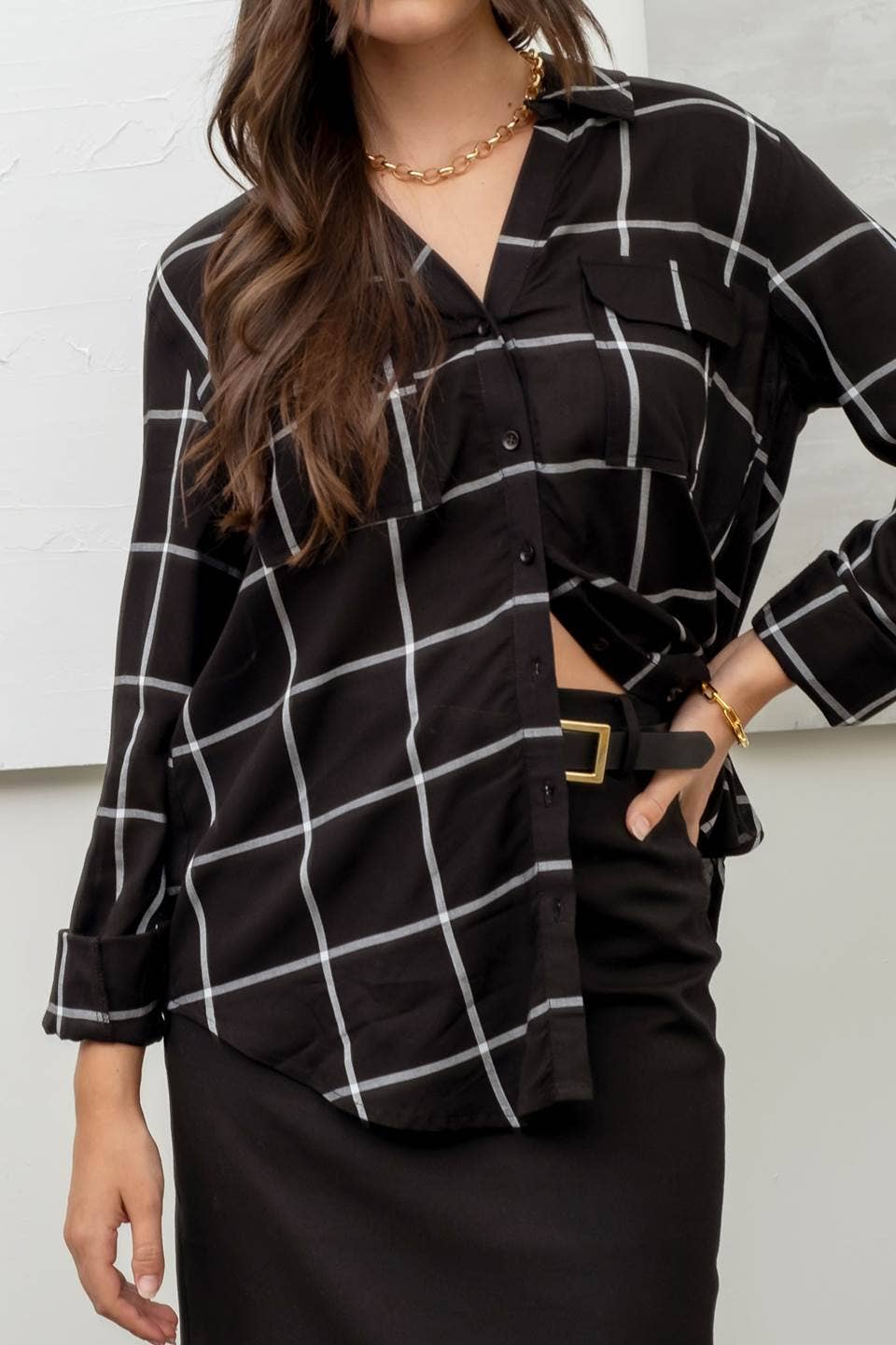 Women's Long Sleeve - GRID BUTTON UP WOVEN TOP -  - Cultured Cloths Apparel