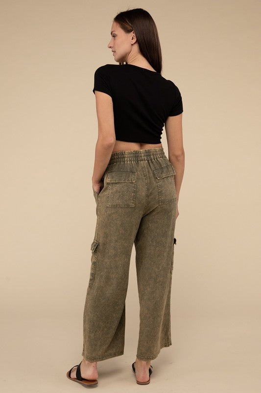 Denim - Washed Linen Elastic Band Waist Cargo Pants -  - Cultured Cloths Apparel